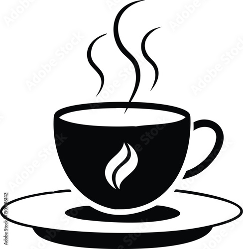 Simple black steaming cup with flame symbol rests on a matching saucer over white