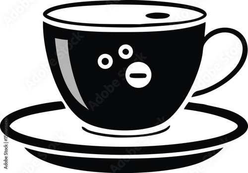 A cup with steam sits on a saucer in black and white with transparent background