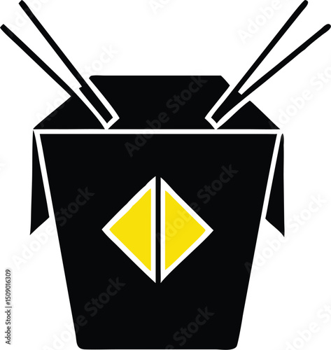 Chopsticks rest atop a black takeout container adorned with a central yellow diamond