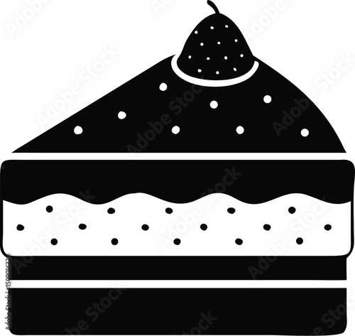 Stylized black piece of cake with topping and spots over white background remains transparent