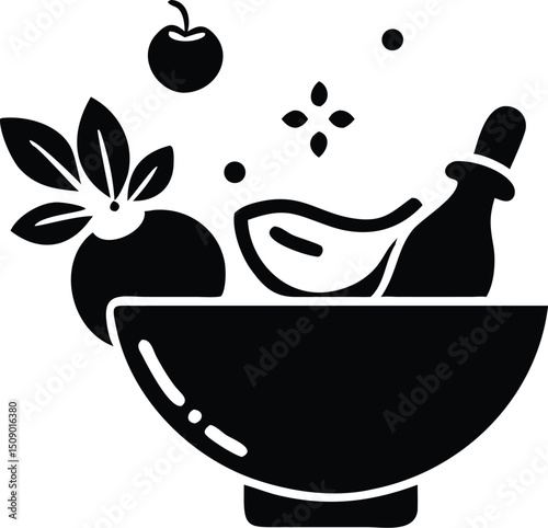 Mortar with pestle holds herbs and berry ingredients in the black silhouette on white