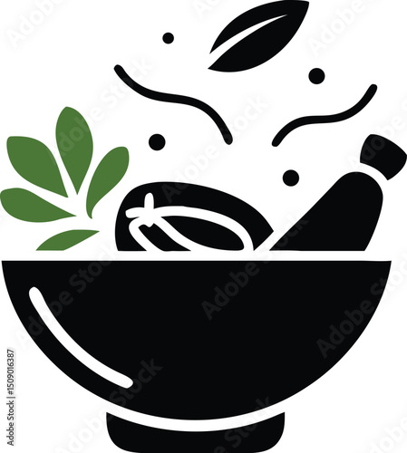 Black mortar and pestle with green herbs create a natural medicine process on transparent background