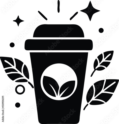 Black silhouette showcases a tea beverage in a takeaway cup, surrounded by leaves and stars against white