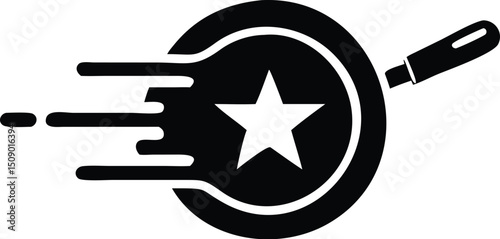 A black star appears inside a moving frying pan, creating a culinary symbol