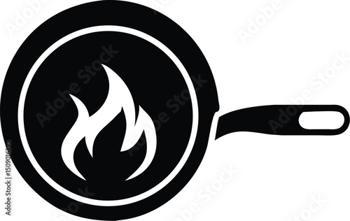 Black frying pan icon holds a white flame on a transparent background