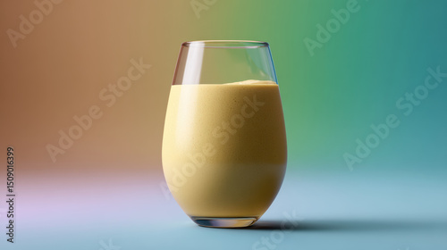 Creamy smoothie in clear glass with soft colorful background, refreshing and healthy drink for wellness and energy boost