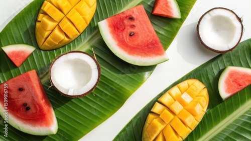 Fresh fruits arranged on green leaves, featuring watermelon, mango, and coconut.