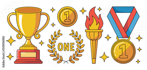 First Place Winner Awards Trophy, Medal, Torch, and Laurel Wreath