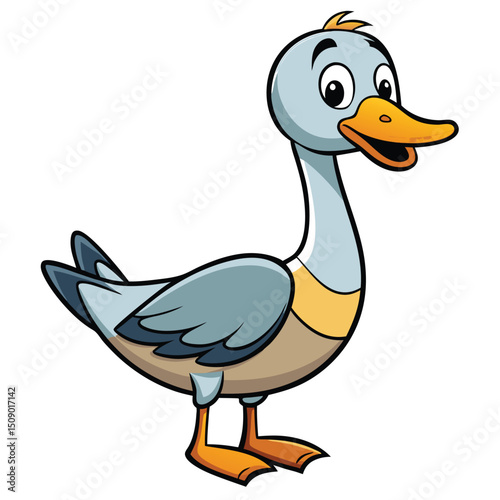 Cartoon duck smiles cheerfully with a bright yellow beak and cute eyes
