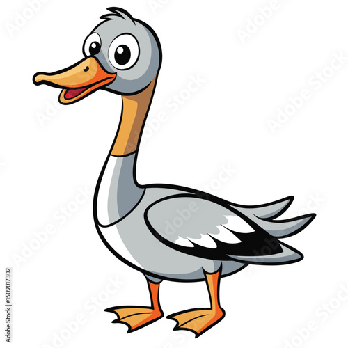 Cartoon goose stands with a happy expression, featuring grey and orange coloring, outlined in black