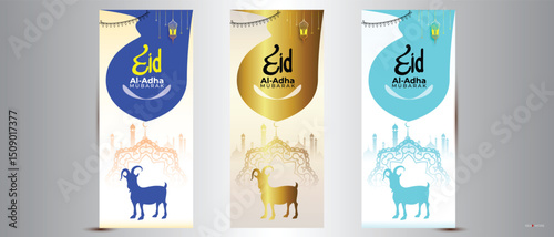 Beautiful eid al adha festival banner and poster design. Eid Al Adha greeting card gold and blue color, pattern