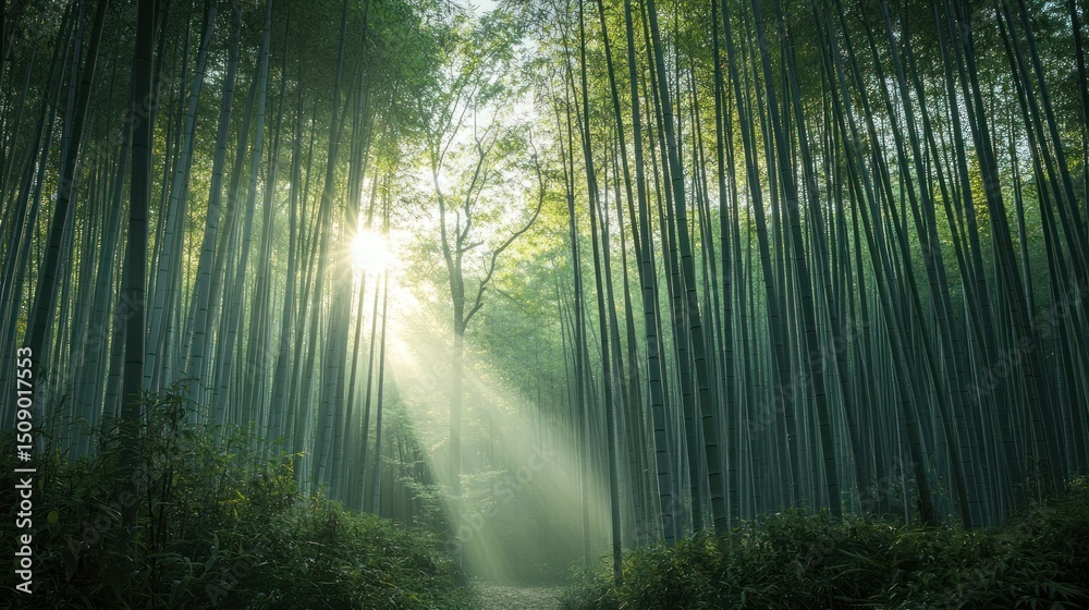 Fototapeta premium Sunlight streams through a dense bamboo forest.