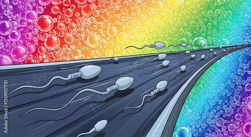 Sperm Swimming on Road Against Rainbow Bubble Background