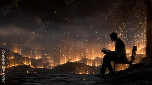 A man reading a book while everything around him burns. Concept of calm amidst destruction.