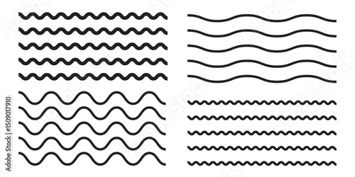 Wave line and wavy zigzag pattern lines. Vector black underlines, smooth end squiggly horizontal curvy squiggles. Set of wavy , curvy and zigzag , Criss cross horizontal lines.