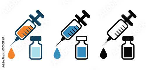 Vaccine Syringe Icons with Vial Set Orange, Blue, Black
