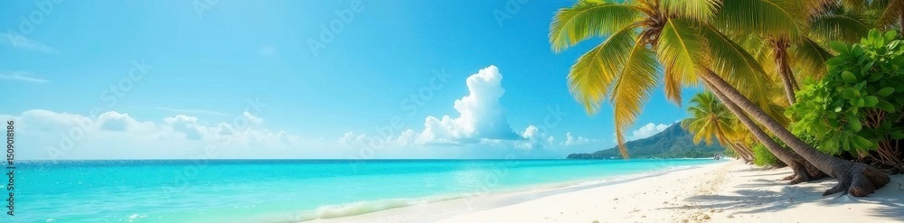 Fototapeta premium Golden sand, turquoise water, leaning palm trees, bright, ocean