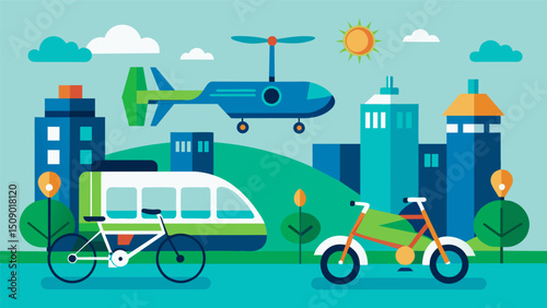 A hub of sustainable mobility featuring advanced air taxis and electric bicycles both powered by renewable energy for a greener way to travel.. Vector illustration