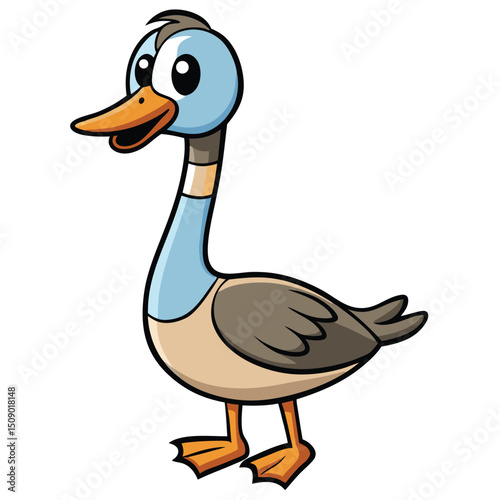Animated waterfowl with blue plumage and an orange bill stands on white background