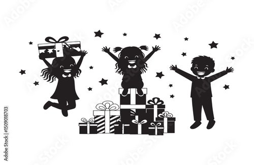 Joyful Children Celebrating with Presents Black and White Silhouette Illustration