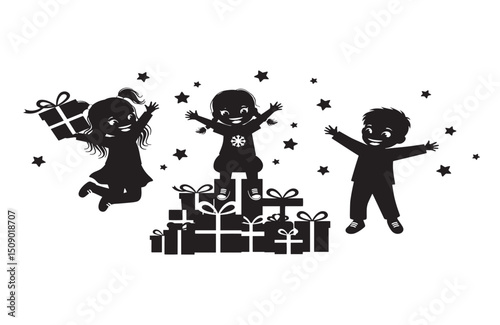 Joyful Children Celebrating with Presents A Black and White Illustration