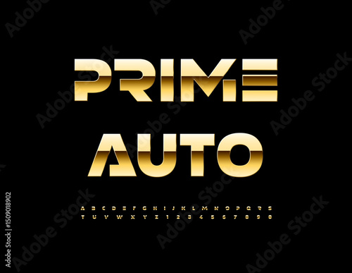 Vector Metallic emblem Prime Auto  Chic Futuristic Font. Classy Golden Alphabet Letters and Numbers set