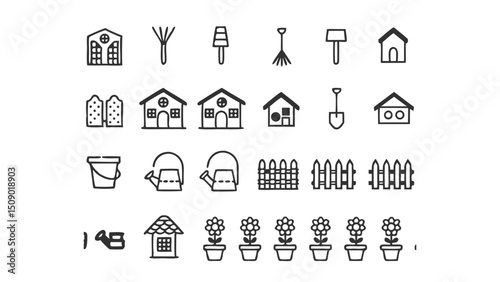 Gardening tools and equipment icons set vector illustration for garden design and landscaping projects