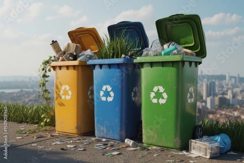 Recycling bins sprouting plants on grassy area with city in background