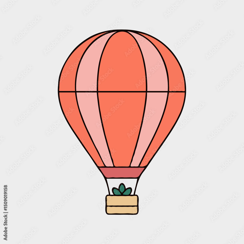 Obraz premium Cartoon hot air balloon illustration in red and pink colors, depicted flying with a plant in its basket on a transparent background, with spaces for text