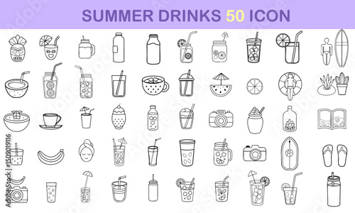 Collection of summer drink icons featuring various beverages, fruits, and accessories, perfect for seasonal designs and projects