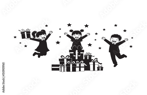 Joyful Children Celebrating with a Mountain of Presents A Festive Illustration