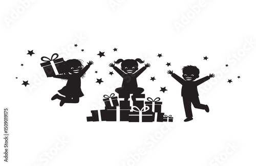 Joyful Children Celebrating with Presents A Black and White Illustration