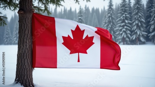 Waving canadian flag in a snowy forest winter landscape photography outdoors scenic viewpoint national symbol
