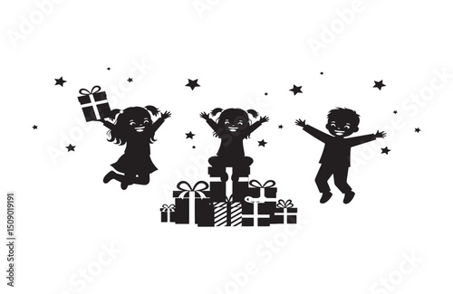 Joyful Children Celebrating with Presents and Stars A Festive Illustration