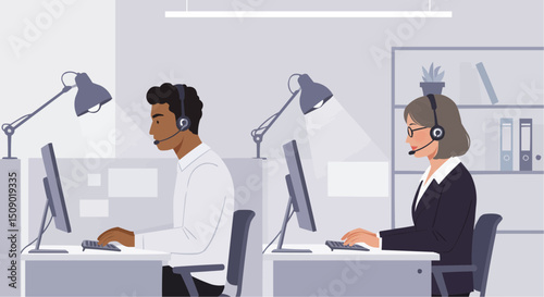 business people collaborating at a modern office desk with computers and laptops, smiling and talking during a productive meeting