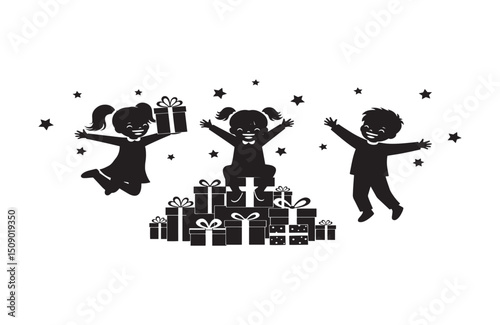 Joyful Children Celebrating with Presents A Festive Black and White Illustration