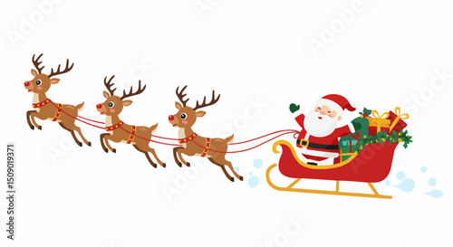Cute cartoon Santa Claus with reindeer and sleigh celebrating Christmas in the winter snow