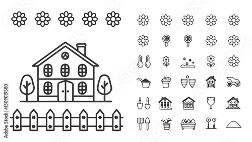 House garden vector icons set outline style for landscape design and gardening elements and country living theme