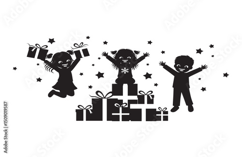 Joyful Children Celebrating with Presents A Festive Black and White Illustration