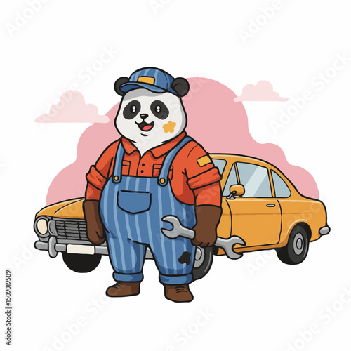  Friendly cartoon panda mechanic cheerfully standing with a wrench beside a yellow car on a pink abstract background, with spaces for text