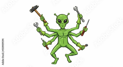 Multi-armed green alien mechanic expertly holding various tools on a plain white background, with spaces for text