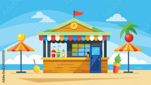 A small seaside shack adorned with colorful beach balls and signs serving unique rum punches like a banana daiquiri or a mango jalapeno mojito to tourists exploring the Caribbean. Vector illustration