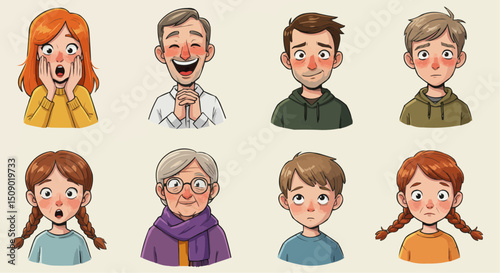 A diverse set of funny cartoon people, including children, students, and teachers, with different hair and smiling faces