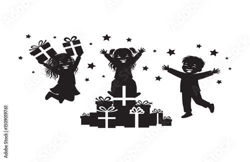 Joyful Children Celebrating with Presents A Festive Black and White Illustration