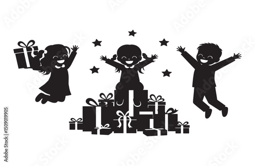 Joyful Children Celebrating with Gifts A Black and White Silhouette Illustration