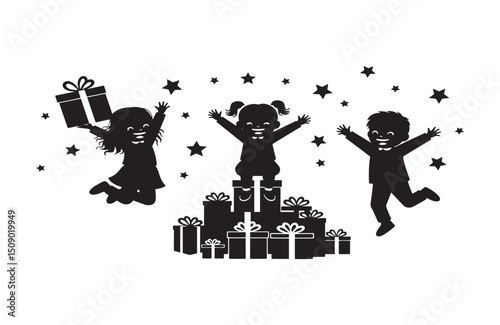 Joyful Children Celebrating with Presents A Festive Black and White Illustration