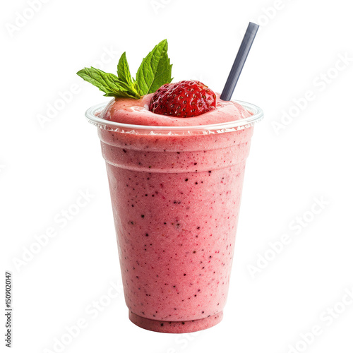 Pink smoothie in a clear plastic cup with a green, Fruit smoothy in plastic take away cup, isolated on transparent background