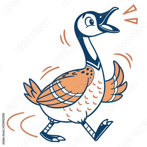 Cartoon goose illustration showing it shouting with energy while walking swiftly on white background