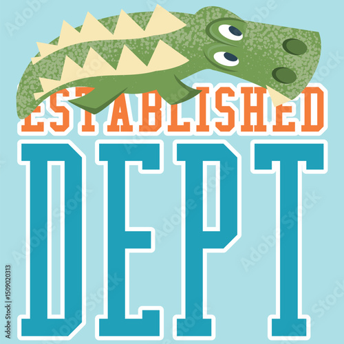 Crocodile or alligator mascot design with a sporty style, textures, text, and patches with varsity numbers and university-themed flags.