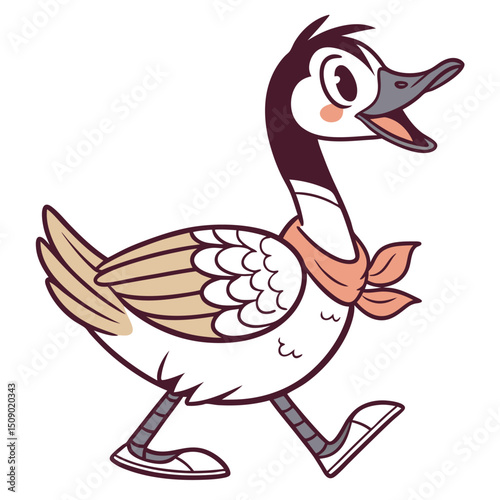 Cartoon goose, adorably styled with a neckerchief and shoes, appears to be happily walking